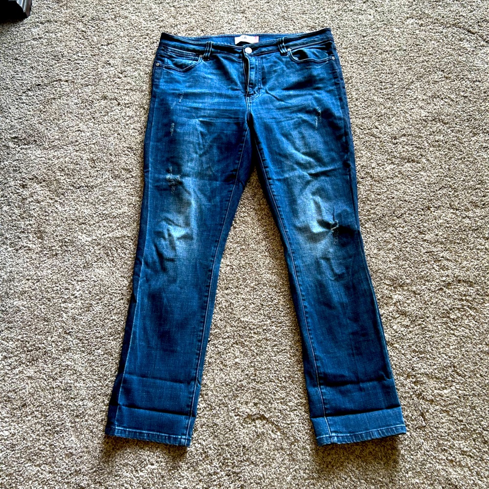 Cabi size 14 distressed denim straight leg with dark stripe down the side